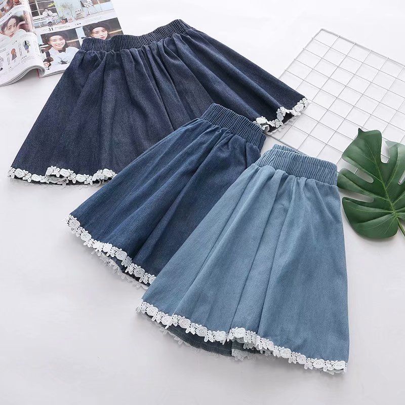 Female Elastic Waist Sweet Lace Patchwork Denim Short Skirt A-line Skirt Half Body Skirt Female