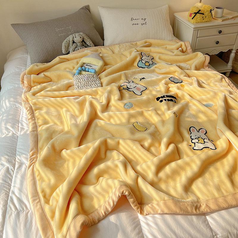 Solid Thick Cartoon Towel Embroidered Blanket Double Layer Warm Milk Velvet Sofa Cover Cozy Breathable Bedspread for Adult Kids