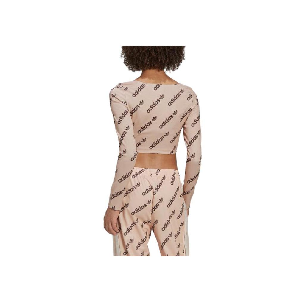 Adidas Camiseta Deportiva Vintage de Manga Larga Ajustada con Cuello en U y Estampado de Logo Originals para Mujer Beige HM4893