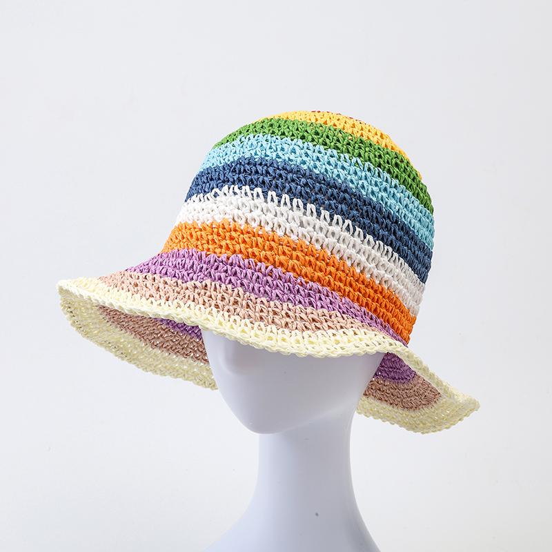Rainbow Striped Crochet  Bucket Hat  Breathable Straw Beach Hat Handmade  Sun Hat   Women