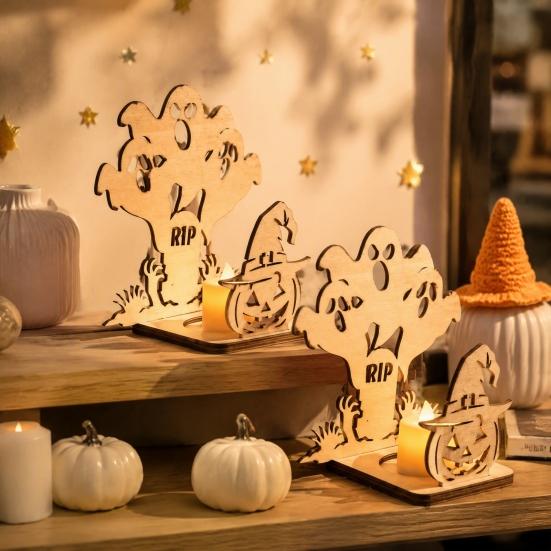 Festival Theme Lighting Halloween Candle Holder, Spooky Pumpkin Bat Shadow Tealight Party Scene Props Vintage Wooden Candlestick Ornament for