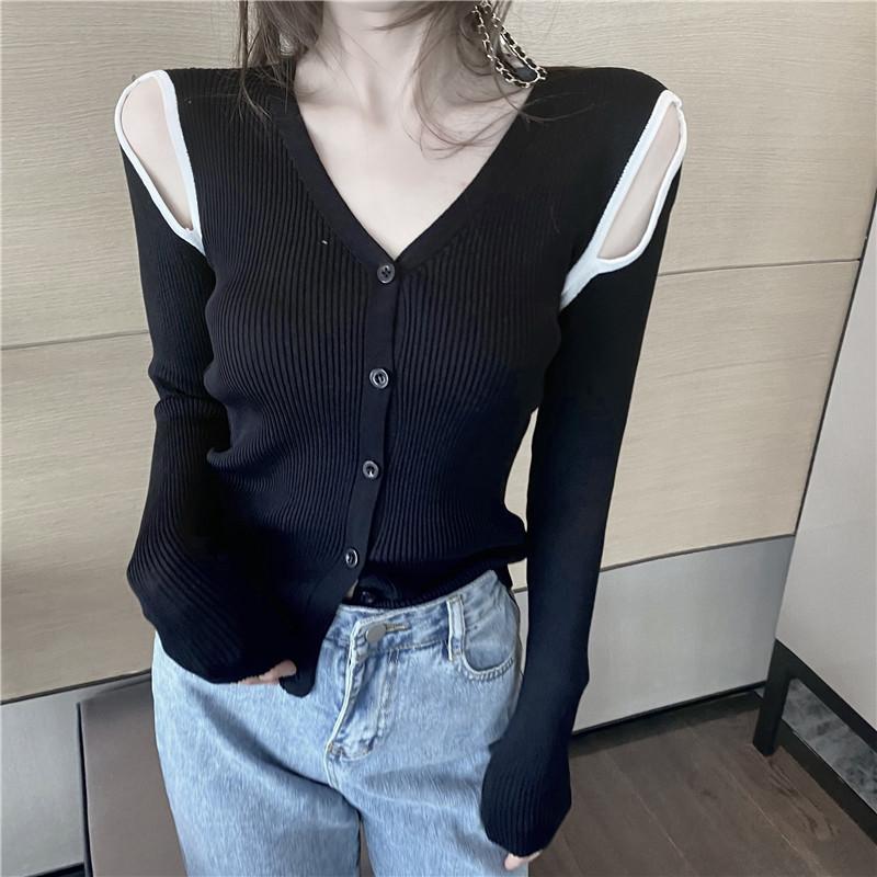 Autumn new temperament age-reducing slim-fitting and thin chic V-neck off-the-shoulder knitted cardigan one size fits all чёрный