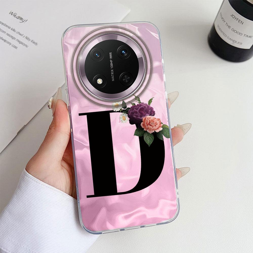 A-Z Black Letter Peony Flower  Shockproof Phone Case For Honor X9a X9b X9c Magic 6 7 5 Lite Silicone Couple Fundas Back Cover