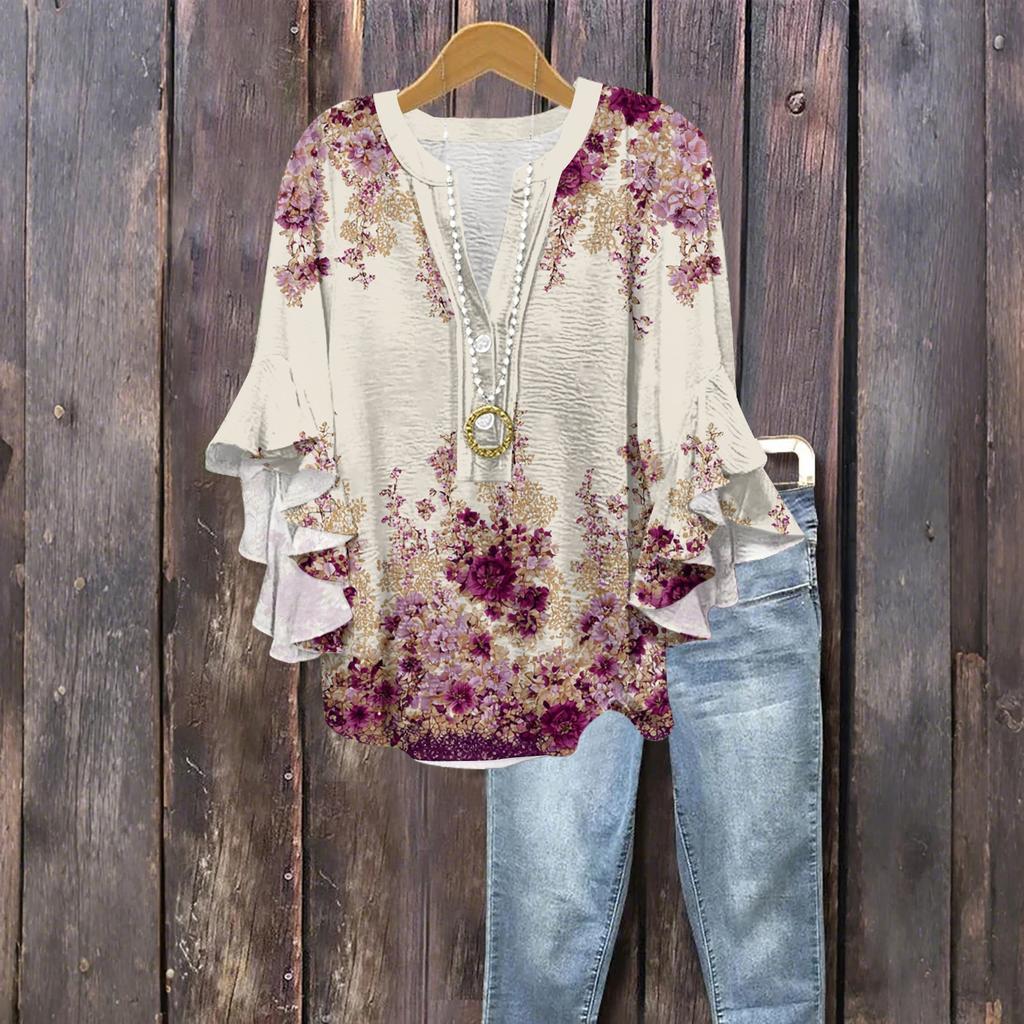 Women's Fashion Button V-Neck Ruffle Seven Sleeve Blouse Floral Printed Top