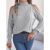 Women's Off-Shoulder High Neck Cable- Sweater - Soft Stretchy Long Sleeve Pullover, Solid Color Casual Chic Fall Winter Top, Highneck Pullover