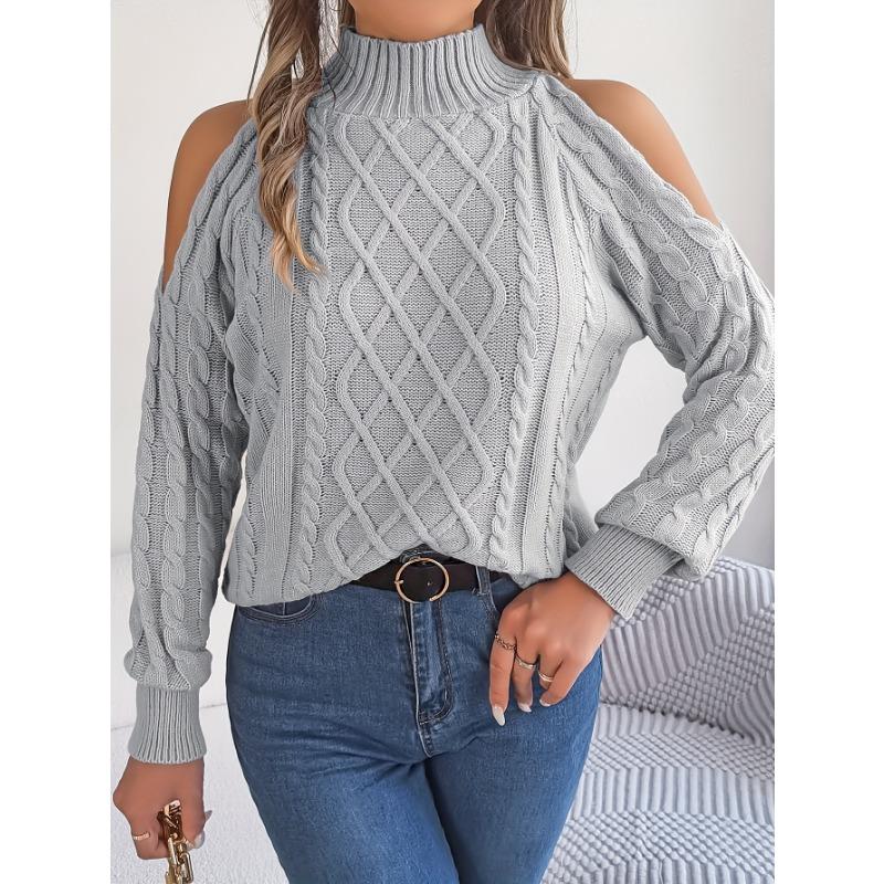 Women's Off-Shoulder High Neck Cable- Sweater - Soft Stretchy Long Sleeve Pullover, Solid Color Casual Chic Fall Winter Top, Highneck Pullover
