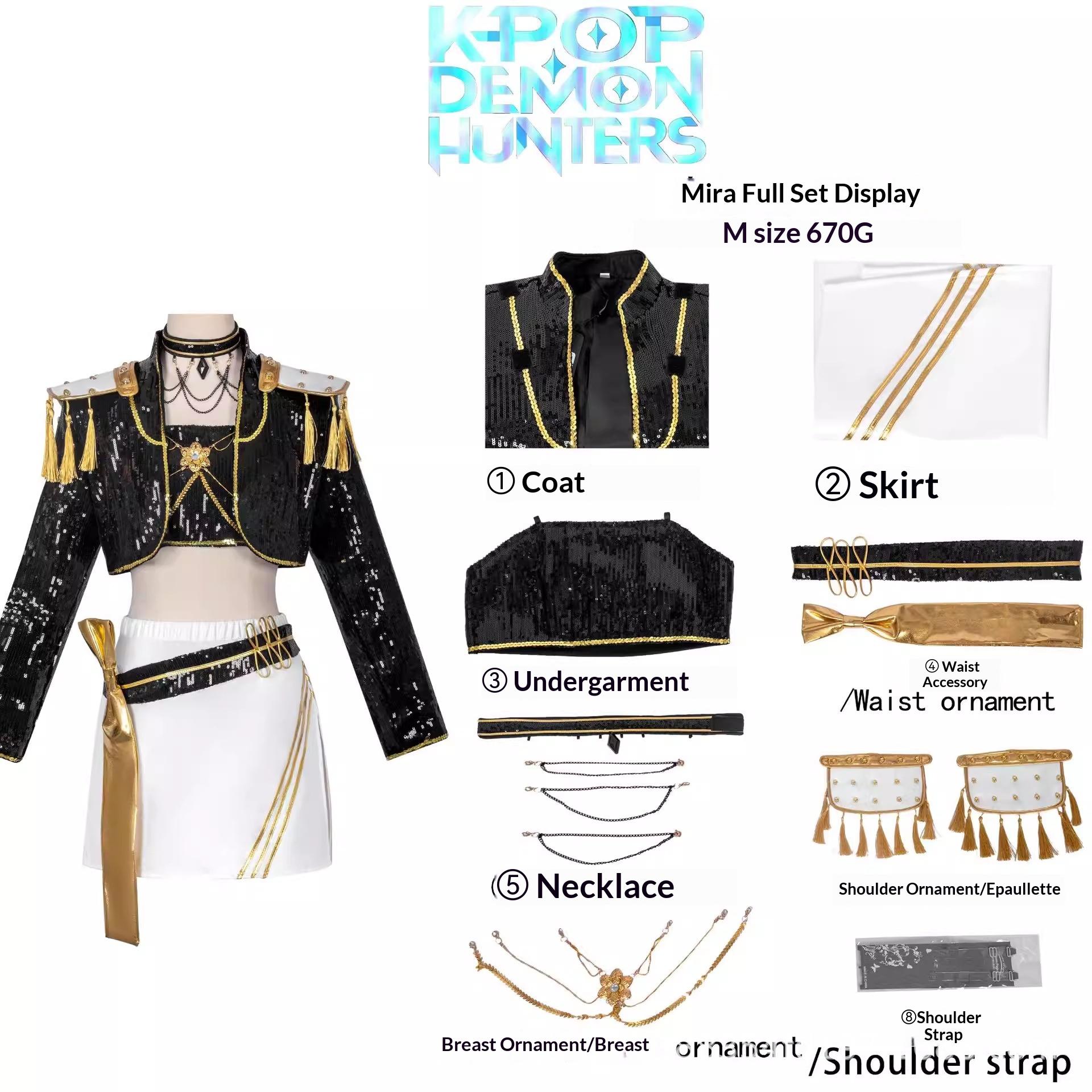Lichtgevende Rumi Mira Zoe Zwart Goud Podium Outfit Cosplay Pruik Set Halloween Feest Optreden Kostuum Accessoires Compleet L