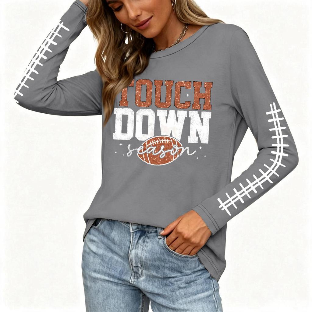 Women's Fashion Long Sleeve Neck Top with Rugby Graphic Print and Slit Hem