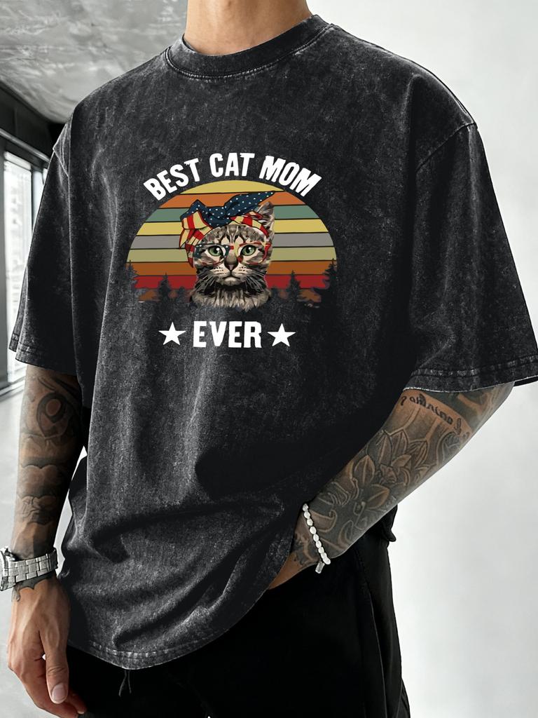 Best Cat Mom Ever Print Washed T Shirt Man Cotton Hip Hop TShirt Street Breathable Sportswear Crewneck Loose Male Clothes