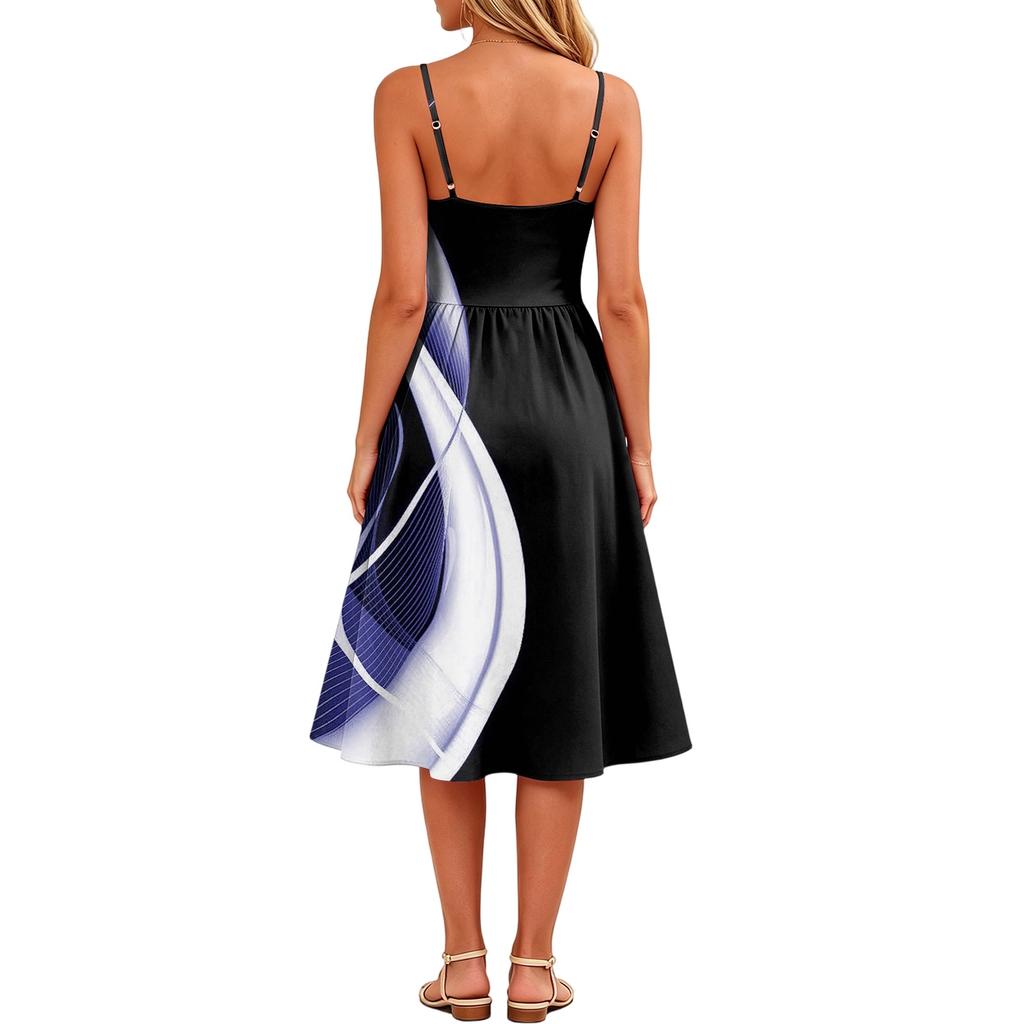 Women's Sleeveless Adjustable Strap Casual Midi Dress with Pockets and Geometric Print Comfortable Fit Summer Dress