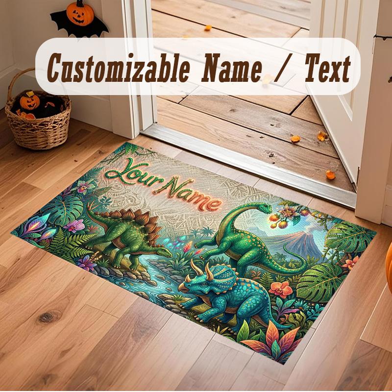 Dinosaur Theme Soft Crystal Velvet Rug Custom Name & Text Print Non Slip Floor Rug for Bedroom Living Room