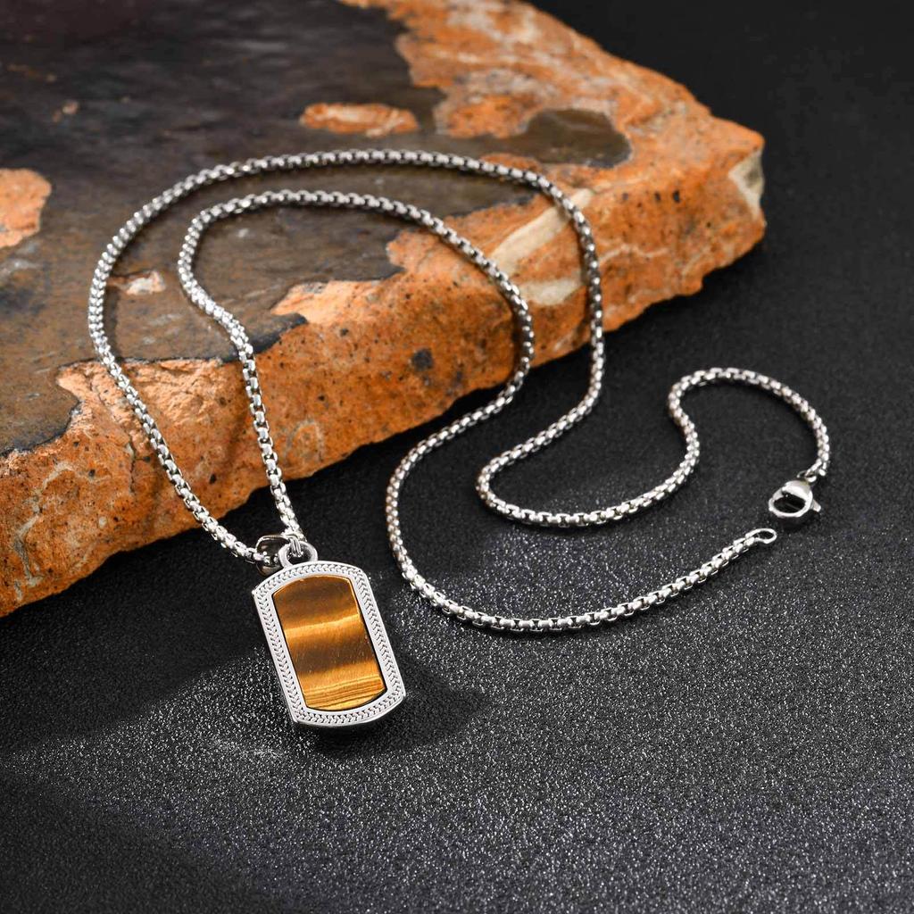 Stainless Steel Hip Hop Tiger Eye Gemstone Square Pendant PN-2162