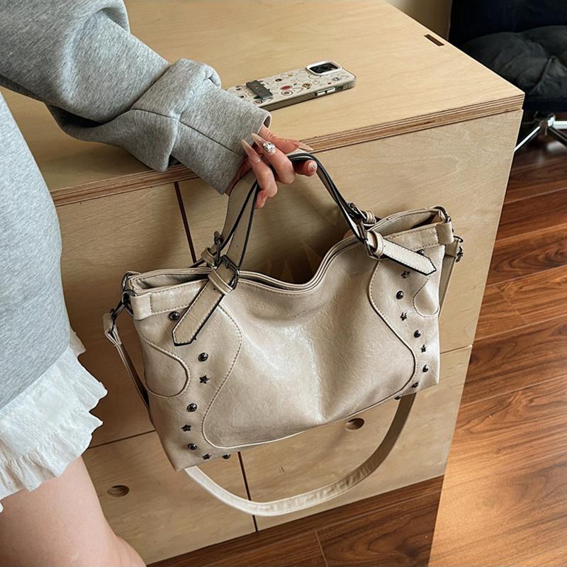 Women's Fashion Y2K Hot Girl Motorcycle Bag Vintage Solid Color Large Capacity Rivet Decor Shoulder Crossbody Bag CLE