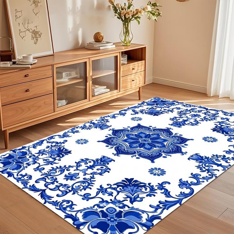 Blauw Witte Bloemige Medaillon Vloerkleed voor Woonkamer Slaapkamer Chinoiserie Porselein Geïnspireerde Woondecoratie Zacht Antislip Vloermat