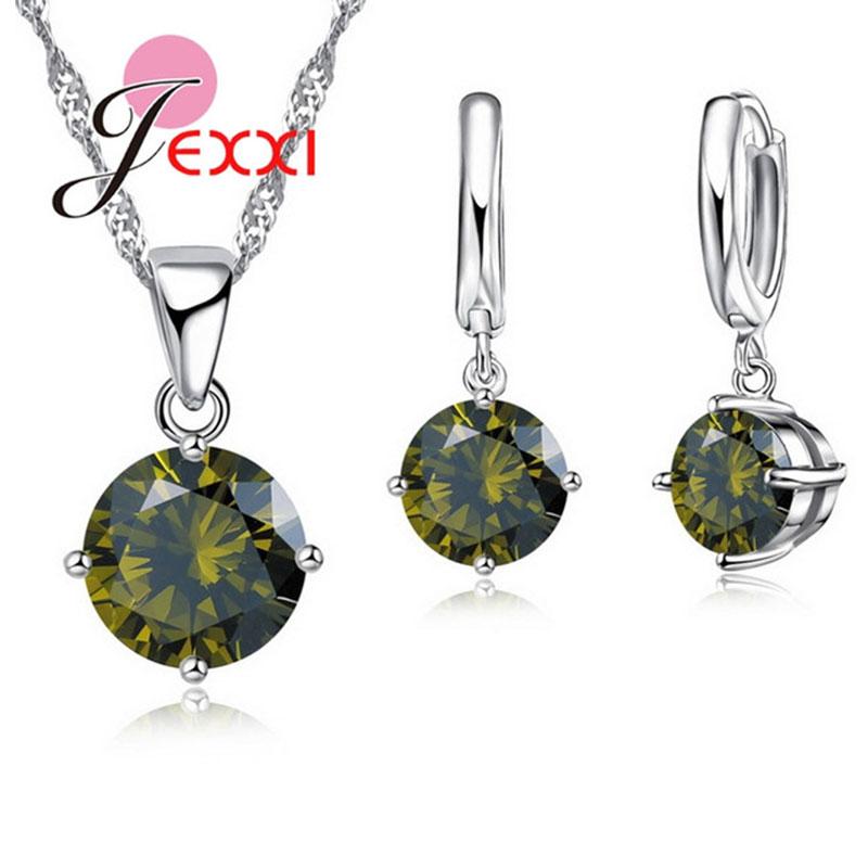 Hot Sale 8 Colors Shining Crystals 925 Sterling Silver Necklace Earrings Jewelry Sets Fashion Accessories Women Wedding