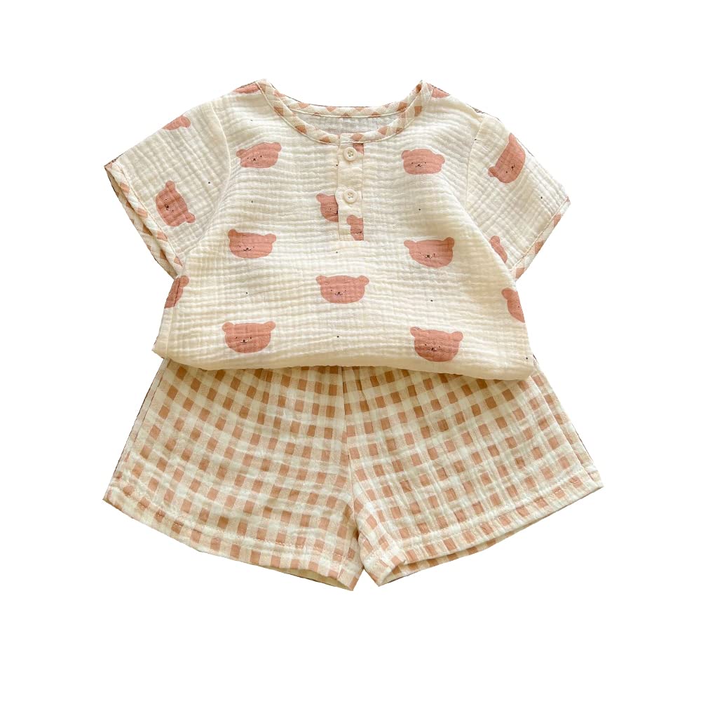 Jaydyequ Baby Short Summer Sleepwear Bear Gift Girls' Pajamas, Sleeve, Clothes, Loungewear, Set, Khaki, Print, 80cm, Children's