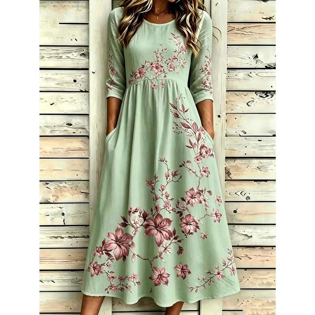Women's Crew Neck Long Sleeve Loose Fit A-Line Midi Dress Casual 3D Floral Print