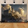 2D Fantasy Themed Backdrop, Gothic Castle on a Cliff with Giant Planet Background