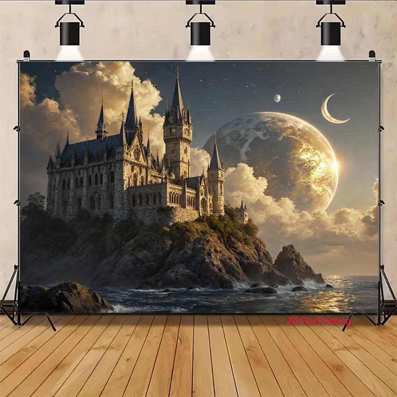 2D Fantasy Themed Backdrop, Gothic Castle on a Cliff with Giant Planet Background