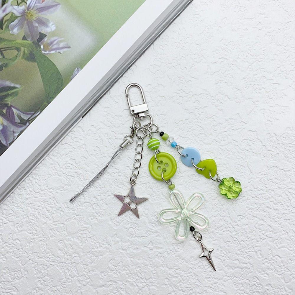 Summer Lucky Grass Phone Charms Green Four-leaf Clover Beaded Keychain Bag Pendant   Gifts