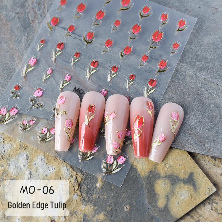 Gold Edge Tulip & Bunny Nail Decals with Hand-Painted Flower Outlines