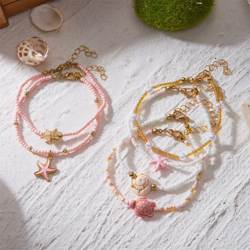 Bohemian Starfish Turtle Shell Beaded Bracelet Set for Women Handmade Multilayer Stacked Bracelets Summer Beach Party Jewelry