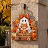 Decorative Wood Board Halloween Wooden Hanging Sign, Happy Door Sign with Gnomes/Ghosts, Retro Ornament for Shop Autumn Harvest Festival Wall