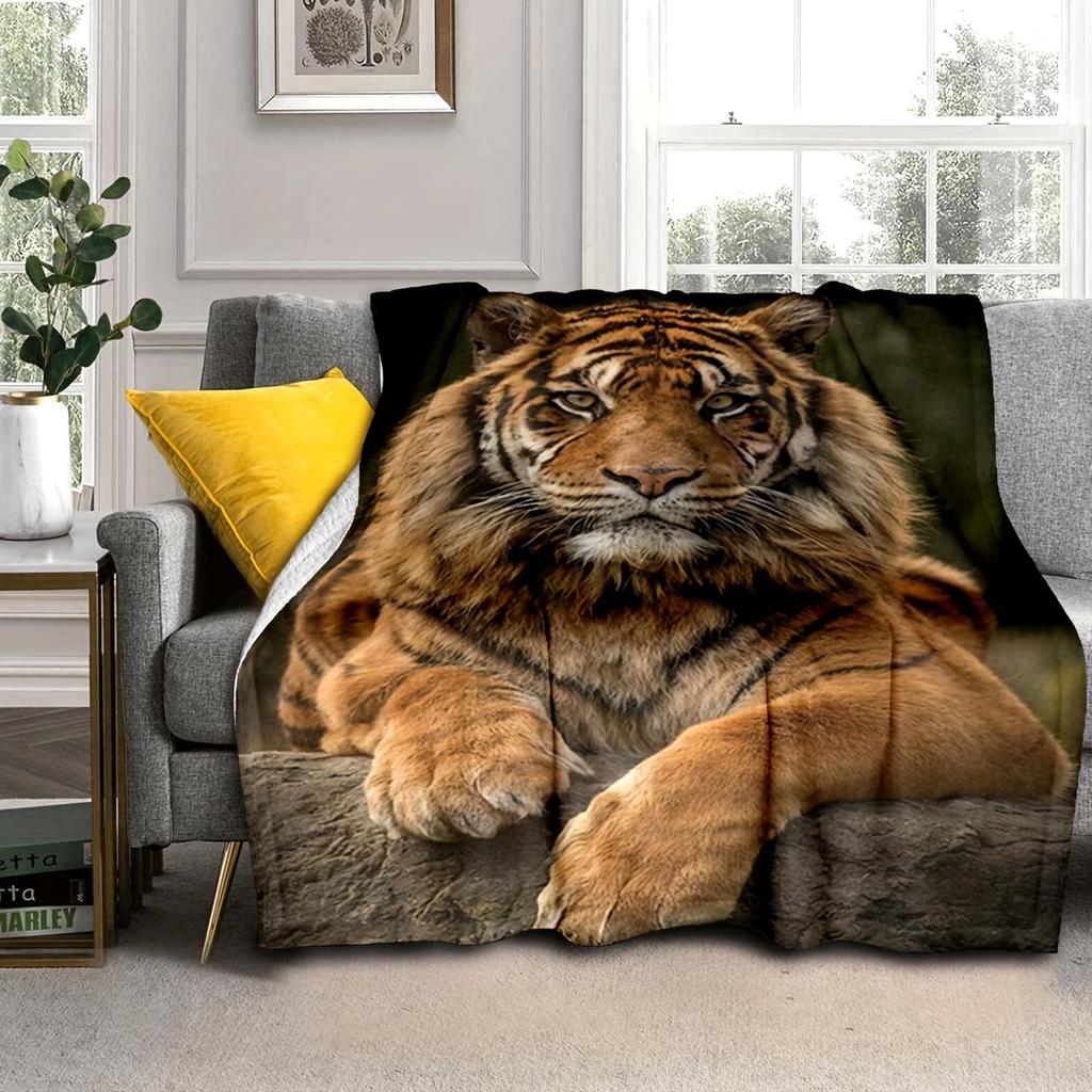 Ultra-Soft Tiger Print Flannel Throw Blanket - Versatile, Warm & Cozy for Couch, Bed, Office, Camping | All-Season Gift Idea