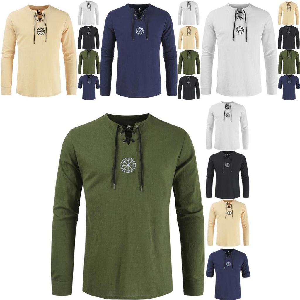 Stylish Medieval Men's Long Sleeve Lace Up Solid Color Retro Cosplay Costume T-shirt