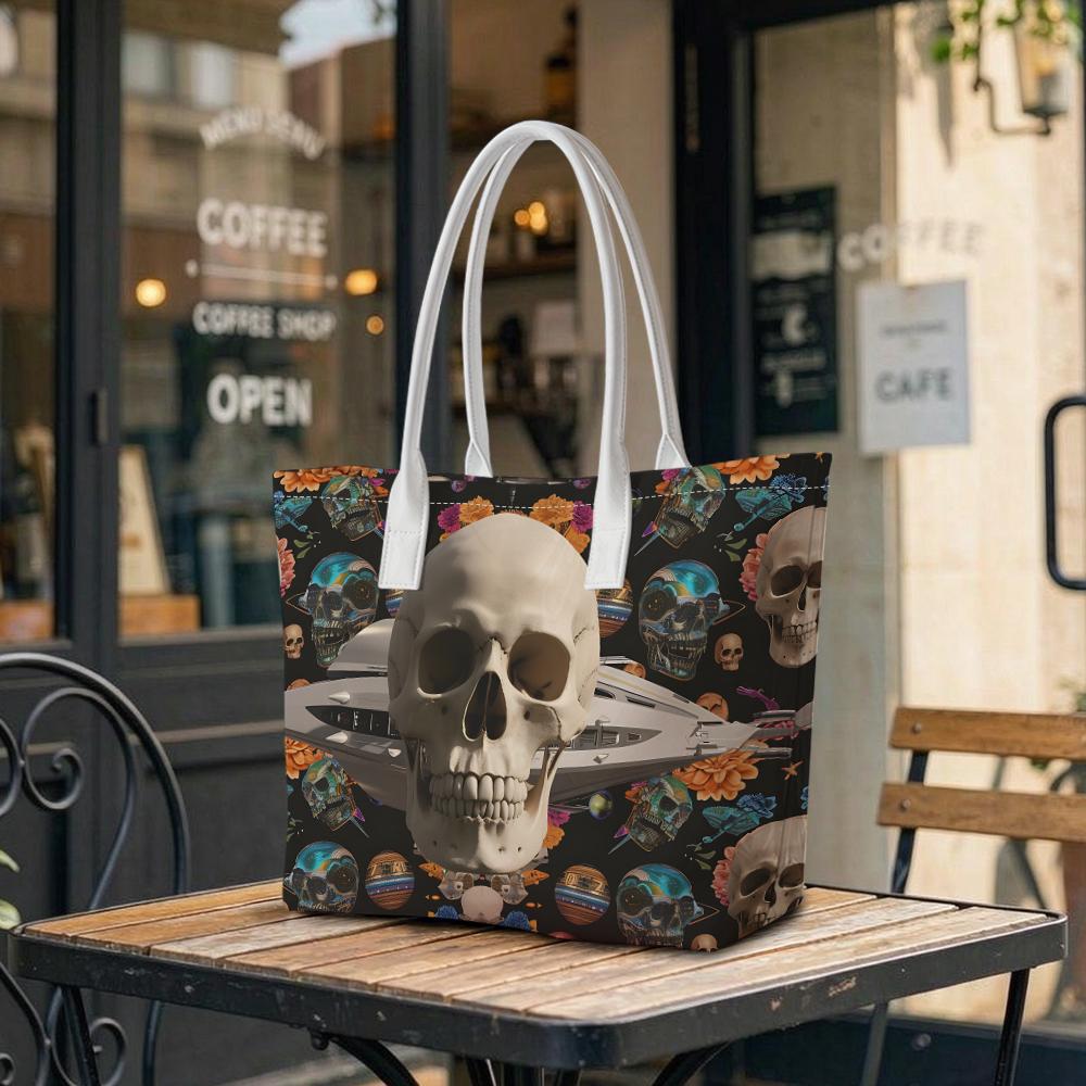 Skull Print Daily Tote Bag Fashion Casual Portable Large Capacity Shoulder Bag for Outdoor Travel Shopping