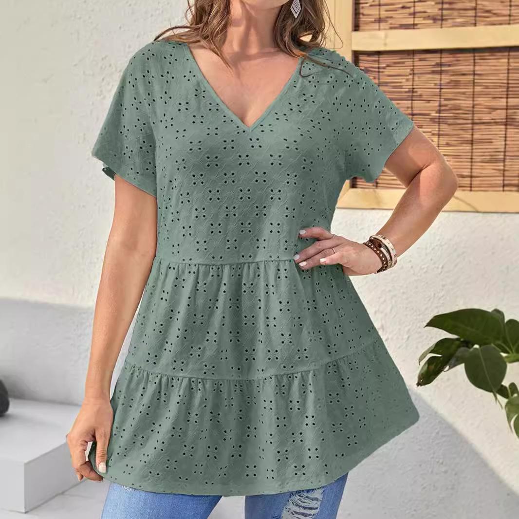 

Women s Solid Color Short-sleeved V-neck Loose Hollow T-shirt S зелёный