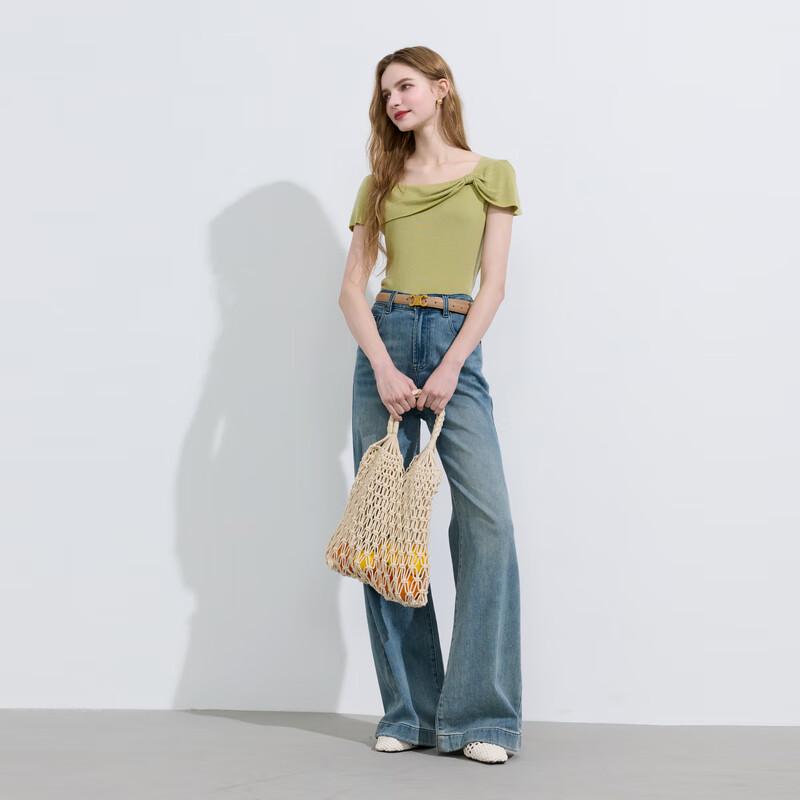 Sancai 2025 Summer Bow-knot Off-Shoulder Slim Knit Top