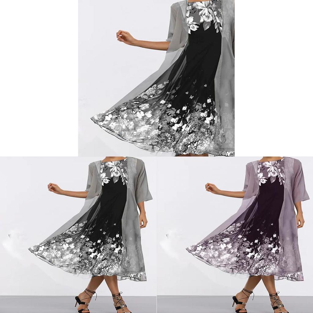 Elegant Summer Chiffon Dress Set With Floral Print For Office Wear