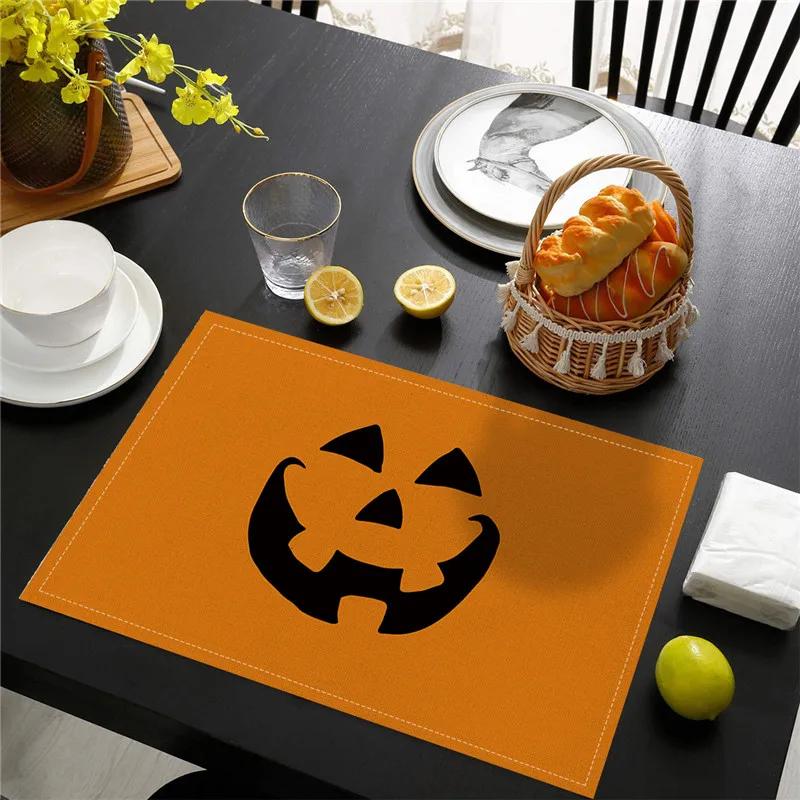 6PC Halloween Pumpkin Black Cat Placemats Festival Kitchen  Linen Dinning Table Mats Bowl Coffee Cup Pads Mats Home Decor