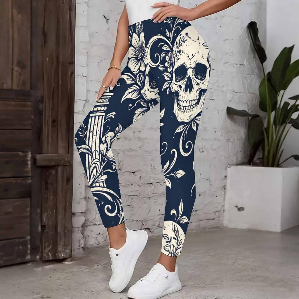 Women's Leggings Vintage Fashion Casual Ankle-Length High Waist  Halloween Golden Floral Skull  Printing Thermal Warm Soft Breathable Micro-elastic