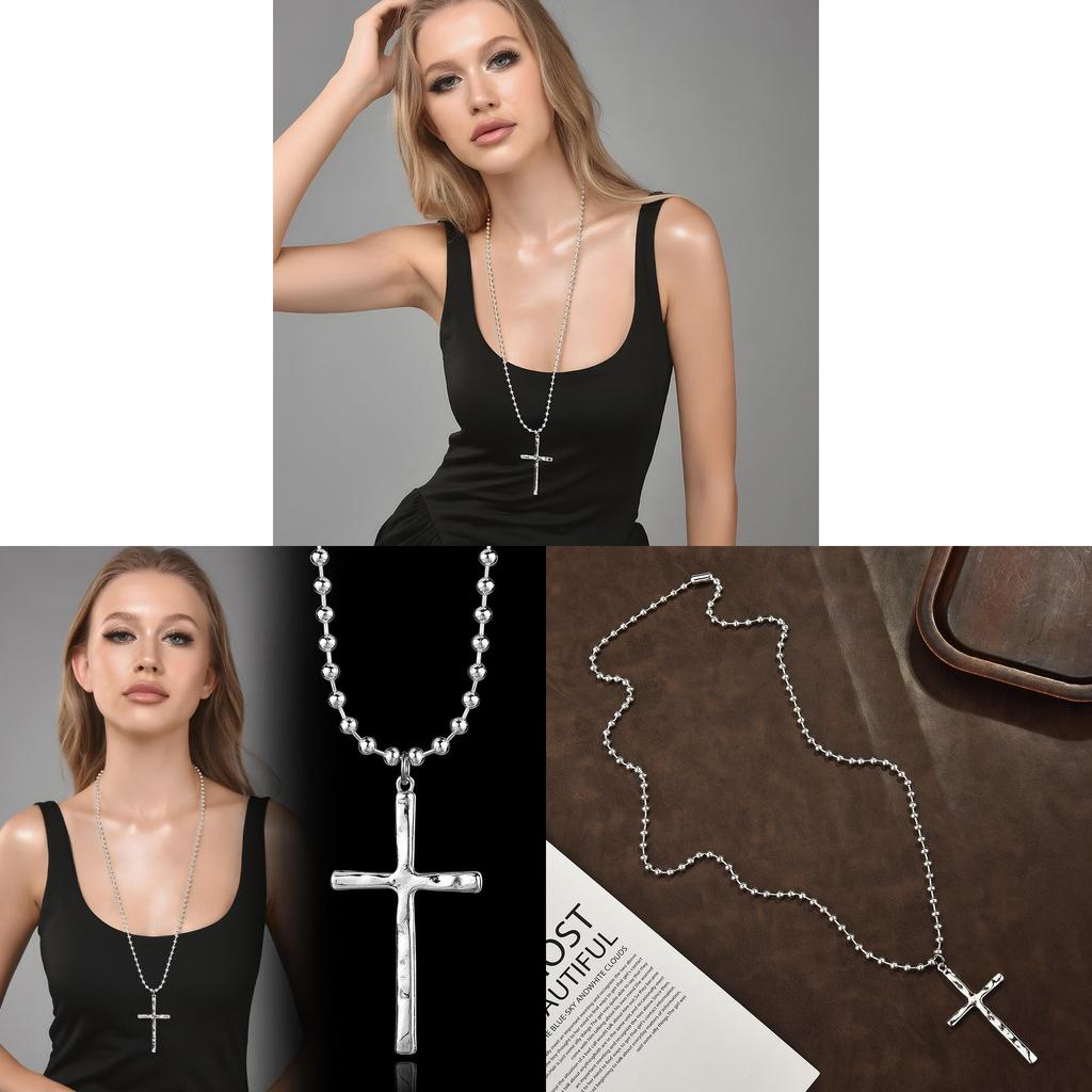 Geometric Beaded Chain Necklace With Cross Pendant For Unisex Fashion Jewelry