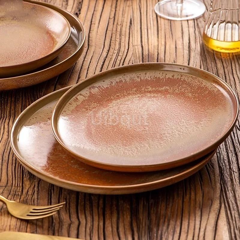 Yellow Ceramic round Vintage dinner Steak Plate Italian Pasta Dessert Salad Artistic Tableware dishes and plates dinner tray