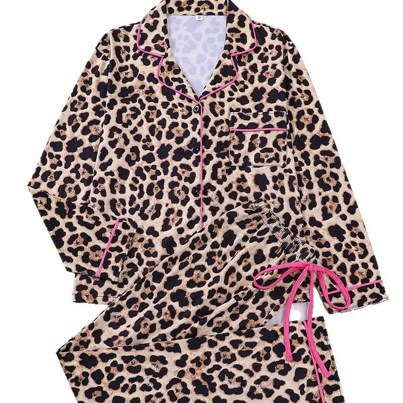 Womens Leopard Print Pajama Set Long Sleeve Thin Comfortable Sleepwear Fall Home Hotel