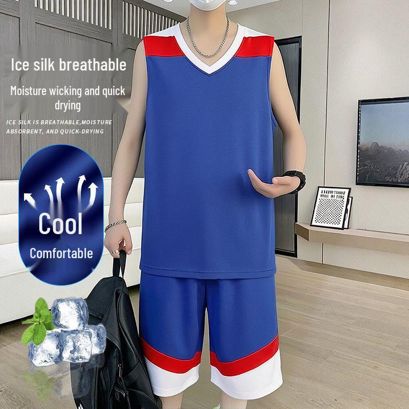 11050 Men's Summer 2026 Ice Silk Quick-Dry Vest & Shorts Set for Basketball Training - Sleeveless & Loose Fit