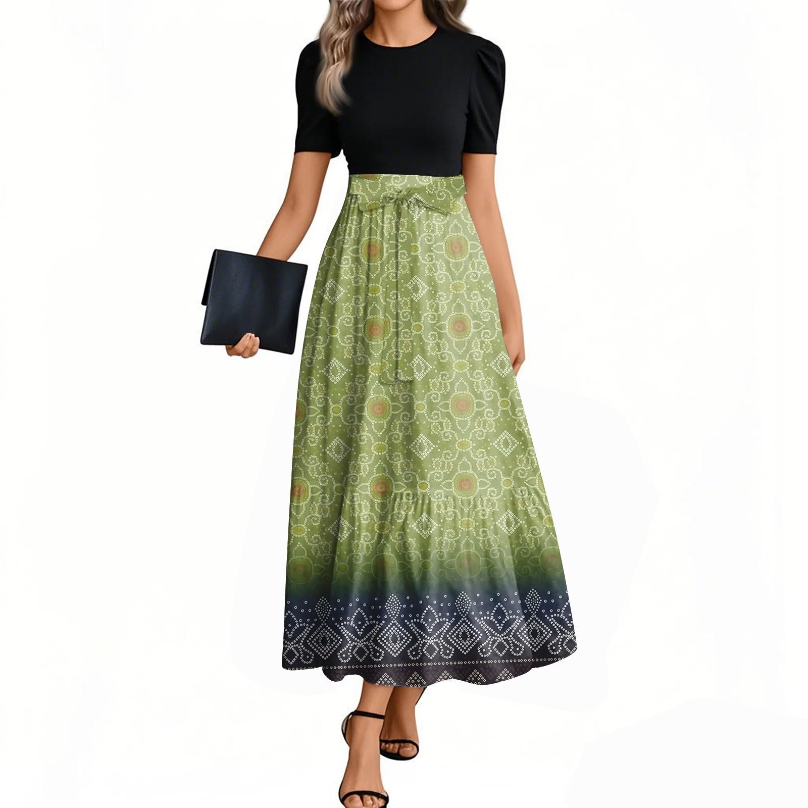 Women Casual Dress Short Sleeve Round Neck Floral Print Patchwork Belted Waist Midi Dress for Daily Wear S