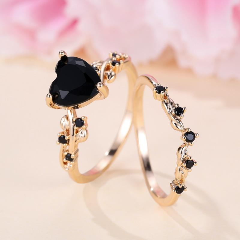 Royal Blue Green Black Red Stone Heart Ring Sets for Women Rose Gold Color White Zircon Bridal Wedding Bands Mothers Day Jewelry