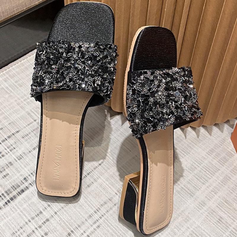 Fashion Slippers for Women 2025 New Summer Rhinestone Thick Heel Sandals for Women Fashion Flat Bottom for Women Outside Sandals