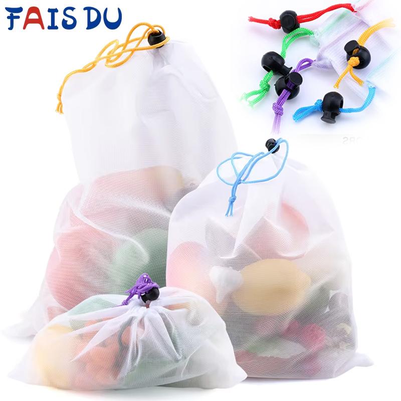 3/9/15pcs Fruit Vegetable Storage Mesh Bags Reusable Net Bags Kitchen Food Organizer Washable Toys Grocery Storage Packaging Bag