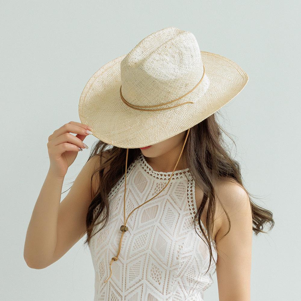 European and American spring and summer new fashion casual belt adjustment tether sisal denim hat outdoor travel beach sun protection straw hat