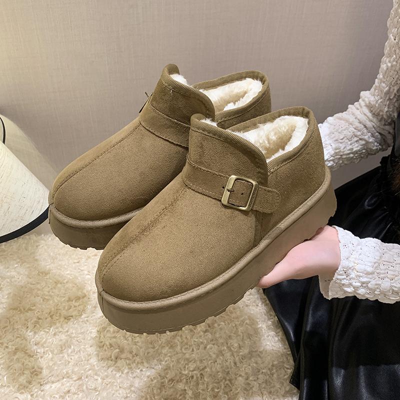 Women's Cow Suede Snow Boots Winter New Sleeve Belt Buckle Platform Non-Slip Cotton Boots