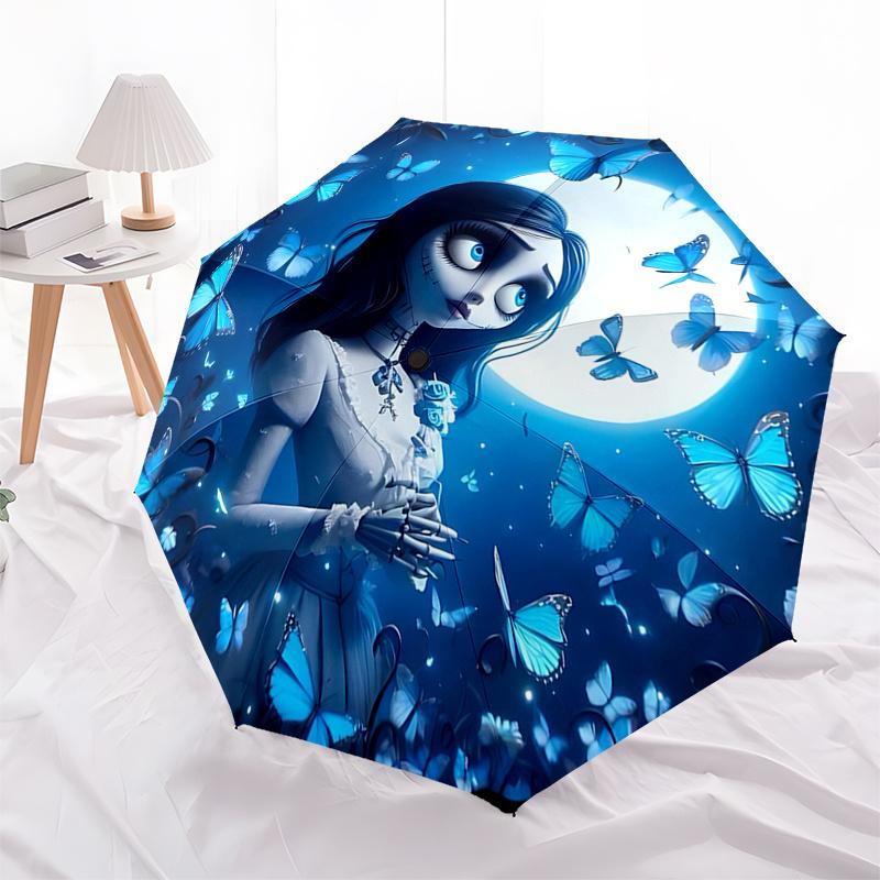 

Blue Butterfly Moonlit Night Automatic Opening/Closing Umbrella Portable 3 Fold Design with Iron Frame,Perfect for Fans,Travelers,and D