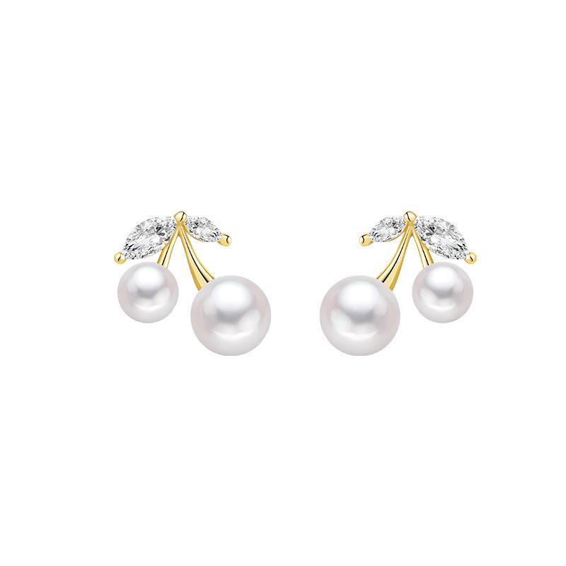 Chic Freshwater Pearl Stud Earrings: S925 Sterling Silver Cherry Design with Zirconia. Perfect for Women. 925 Sterling Silver