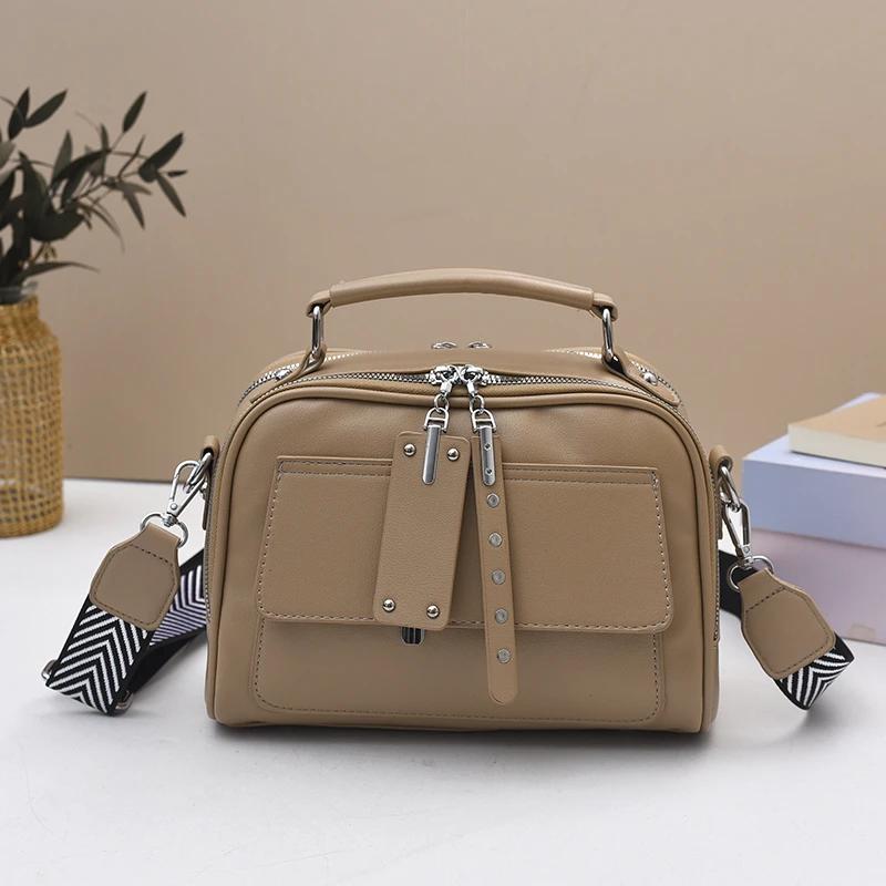 

Wide Strap Shoulder Bag for Woman Solid Color Pu Leather Handbag And Purse Simple Black Crossbody Messenger Bags Large Capacity 30cm)) хакі