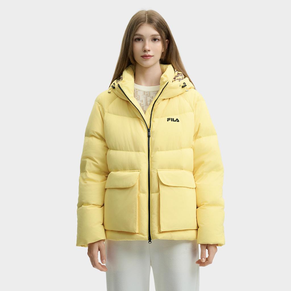 Fila Heritage Fashion Solid Color Warm Hooded Raglan Sleeve Down Jacket Women Outerwear Yellow-Azalea F11W448904FYE