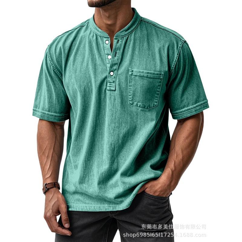 Mens Casual Washed Denim Henley Neck Short Sleeve T Shirt With Pocket